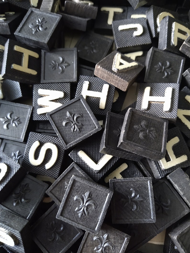 12pc BLACK + WHITE Vintage Tile Letters / Word Spelling Wooden Game ...