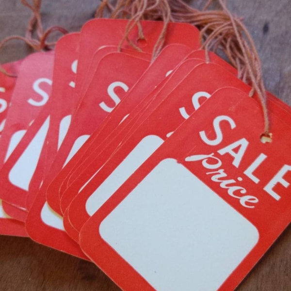 Vintage SALE Price Tags with String Hangers 12 or 24 pc LOT / old dime store, retail, or grocery / junk journal ephemera