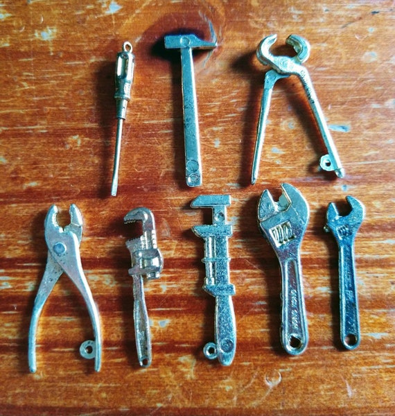 1pc or 8pc Vintage Intercast Miniature Brass Tools Choice of Pliers,  Screwdriver, Pipe Wrench, Axe, Scissors mini Tiny Metal Tool Charms -   Canada