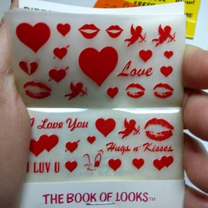 1pc Vintage Rub-on Transfer Images Mini Booklet ..CHOICE.. The Book of Looks, 1985 new old stock / hearts lips eyes words  / junk journal