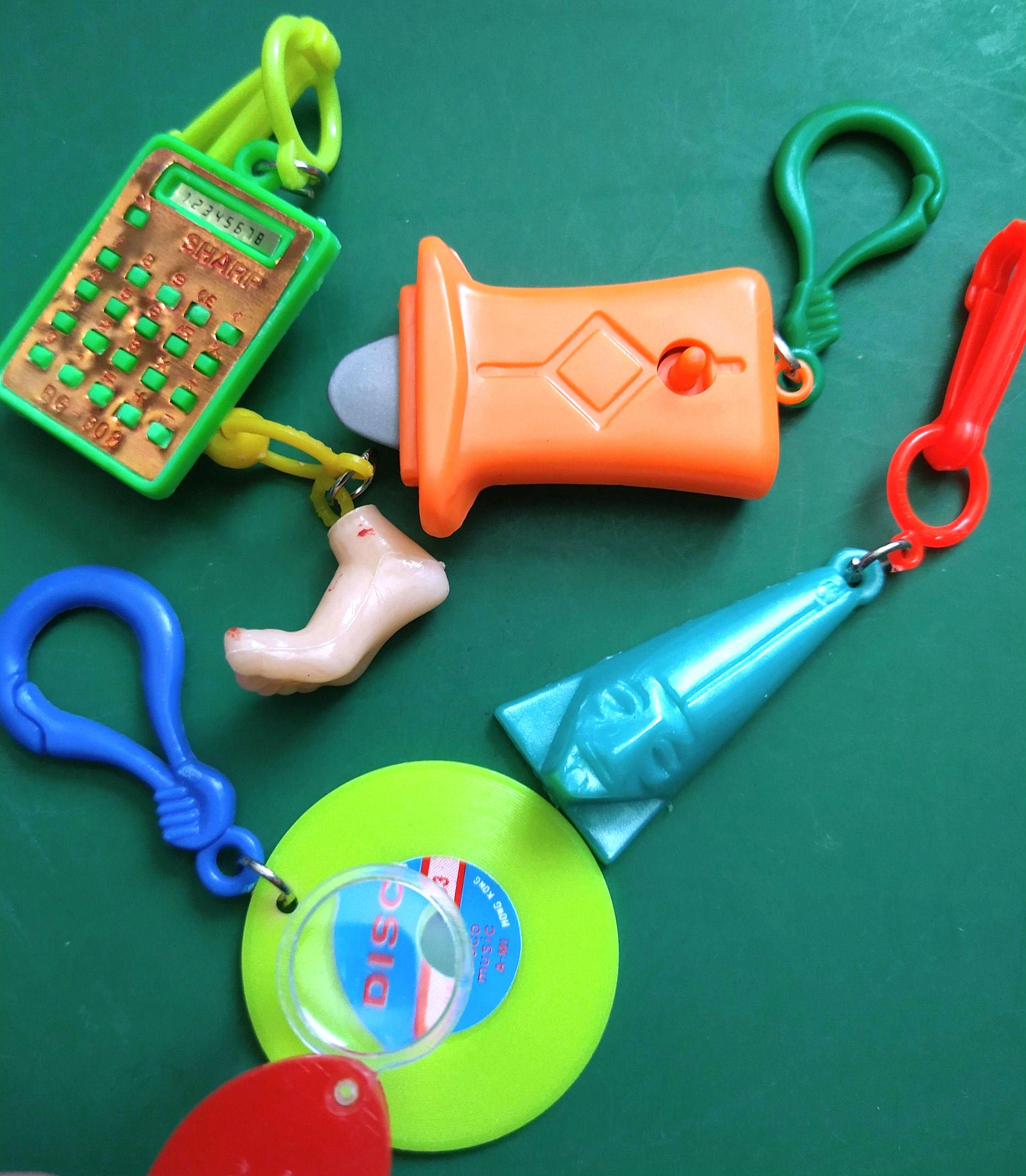 1pc or 6pc Vintage Plastic Charm with Clip / your choice / zipper pull charms / calculator, foot, switchblade, tiki mask, magnifier, record