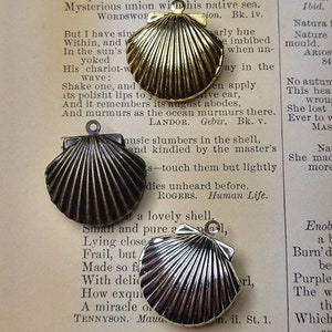 May include: Three seashell pendants in gold, bronze, and silver tones rest on a vintage book page. Each pendant features a detailed, ridged design, with a small loop for attaching to a chain or cord. The pendants are ideal for jewelry making.