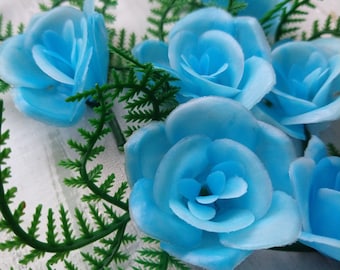 6pc Plastic BLUE ROSE Vintage Corsage / artificial flowers / kitsch boutonniere decorations