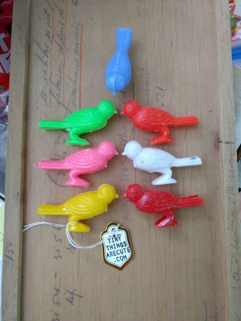 3pc Vintage Little Colorful Plastic Bird Whistles / new old stock / Hong Kong / vintage vending miniature birds image 4