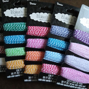 May include: A set of 10 spools of Baker's Twine, each spool containing 120 feet (36.6 meters) of 100% cotton twine. The twine is available in a variety of colors, including red, white, blue, green, yellow, orange, purple, and pink.