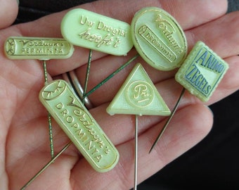2pc Vintage GLOW-in-the-DARK Plastic Dutch Advertising Stick Pins / mints promo pin, animo zegels