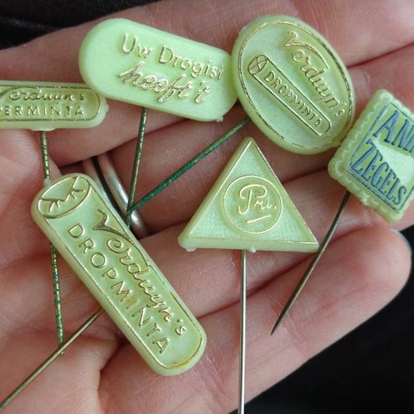 2pc Vintage GLOW-in-the-DARK Plastic Dutch Advertising Stick Pins / mints promo pin, animo zegels