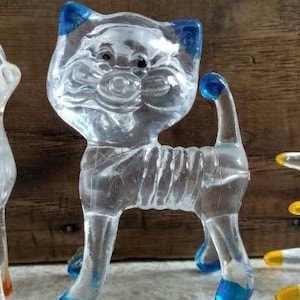 CAT Plastic "Crystal" Pet Vintage Figurines Carnival Prizes / dime store deer or cat  / Miniature Figurines toppers lot / new old stock