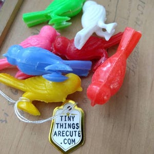 3pc Vintage Little Colorful Plastic Bird Whistles / new old stock / Hong Kong / vintage vending miniature birds