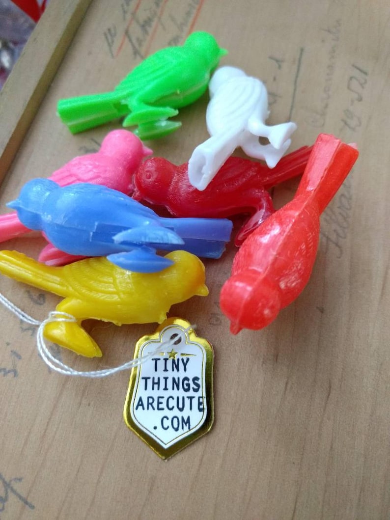 3pc Vintage Little Colorful Plastic Bird Whistles / new old stock / Hong Kong / vintage vending miniature birds image 1