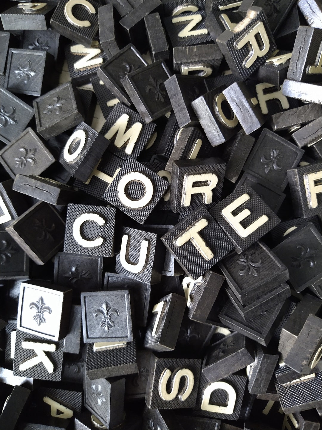 12pc BLACK + WHITE Vintage Tile Letters / Word Spelling Wooden Game ...