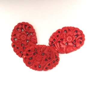 3pc Carved Floral Vintage Cabochons Imitation Cinnabar / new old stock / red colored plastic