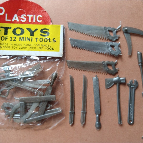 Vintage 12pc Package of Mini Plastic Tools / new old stock / made in Hong Kong / dime store toys miniatures