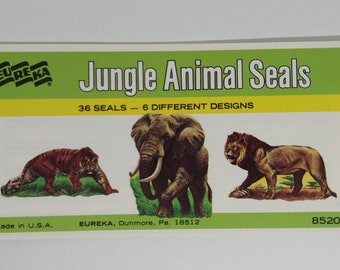 JUNGLE ANIMAL Vintage Eureka Gummed Seals, FULL 36pc Booklet / scrapbook embellishments, junk journal sticker sheets / new old stock