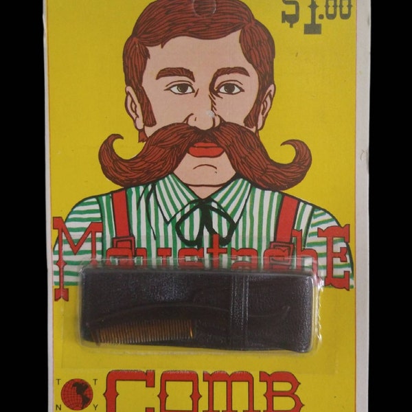 1970s Vintage MUSTACHE COMB with Case / new old stock, unopened / made in Hong Kong / Illustrated Header Card / Barber Handlebar Moustache