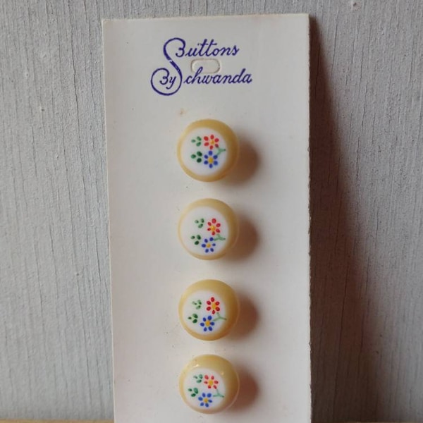 Vintage SCHWANDA Brand 4pc Glass Yellow Buttons on Card / shank buttons / tiny flowers / new old stock / Western Germany