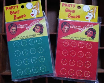 2pc Vintage HAPPY BIRTHDAY Party Punch Board Lot with Header Card / made in Japan / retro party game / new old stock / vintage fortune game