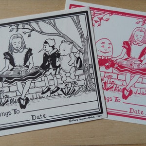 6pc STORYTIME Vintage Bookplates - Vintage illustrations ... Alice in Wonderland, Pinocchio, Humpty Dumpty, Raggedy Andy, Winnie the Pooh