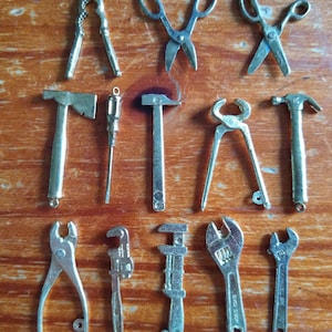 1pc or 6pc Vintage Intercast Miniature Brass Tools - Choice of Pliers, Screwdriver, Pipe Wrench, Axe, Scissors -mini tiny metal tool charms