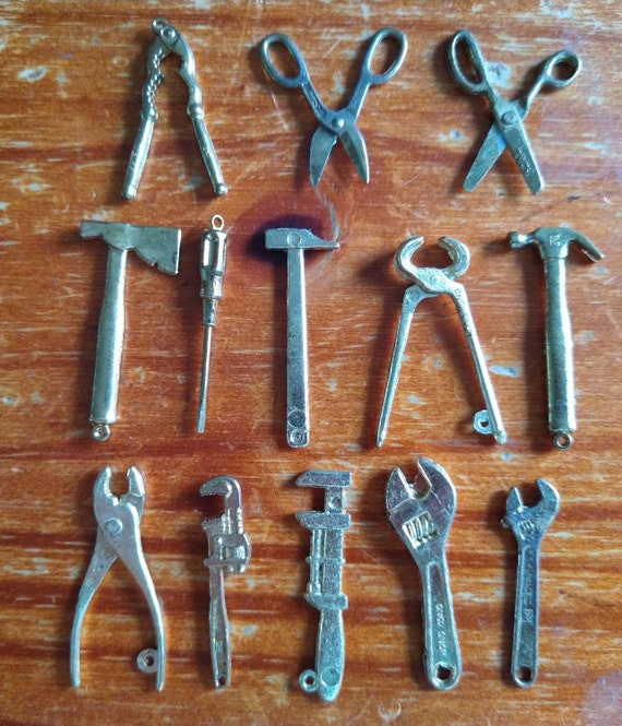 1pc or 8pc Vintage Intercast Miniature Brass Tools Choice of Pliers,  Screwdriver, Pipe Wrench, Axe, Scissors mini Tiny Metal Tool Charms 