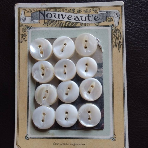 1 Vintage NOUVEAUT'E Button Card of a Dozen Two-Hole Buttons - mother of pearl, shell, new old stock