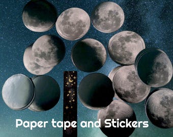 Moon Phase Stickers + Washi Tape Combo / over 40 stickers for tracking on calendar, decorating journals