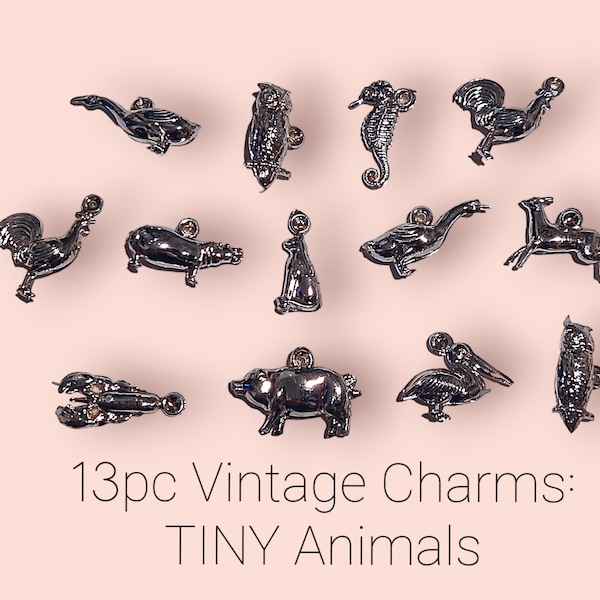 13pc Vintage TINY SHINY Silver Plastic Charm Lot / new old stock / mini miniature / pig lobster cat rooste pelican deer hippo