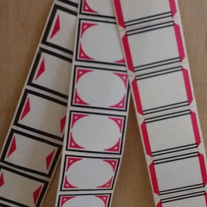 30pc Vintage Small Sticker Label Tags, CHOICE of STYLE or ASSORTMENT / black and red border / rectangle labels