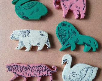 6pc Vintage ANIMAL Erasers / new old stock / swan, polar bear, pelican, lion, tiger, elephant / pink green white / vintage school supply