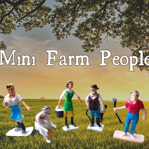 May include: Miniature plastic figures of farm people, including a woman in a blue dress, a woman in a green dress, a man in a brown vest, a man in a red shirt, and a white animal figure. The figures are posed in a grassy field with a blue sky and green trees in the background. The text "Mini Farm People" is displayed above the figures.