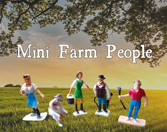 5pc FARM PEOPLE Vintage Plastic Miniatures / new old stock / vintage craft mini miniature farmer lot