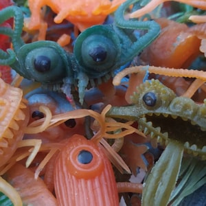 May include: A collection of colorful rubber toys shaped like various sea creatures. The toys have large, googly eyes and are made of a soft, pliable material.