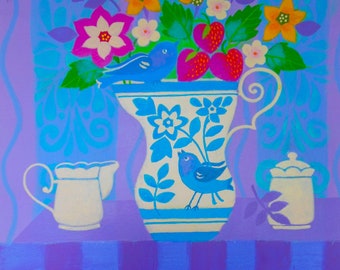 Original Acrylic Painting on Watercolor Paper of A Pair of Bluebirds and Blue&White Pitcher on Watercolor Paper