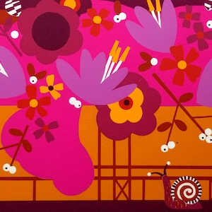 May include: A colorful abstract floral illustration with a snail in the bottom right corner. The background is orange with a checkered pattern in the bottom left corner. The flowers are pink, purple, red, and yellow.