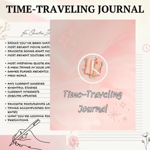 Puede incluir: Un diario imprimible rosa y blanco con el título "Time-Traveling Journal" y una lista de indicaciones para llevar un diario. El diario está decorado con un diseño floral y un reloj.