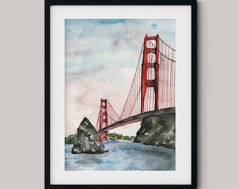 Impression d'art du pont du Golden Gate. Oeuvre d'art à San Francisco, Californie. Impression aquarelle. Décoration de chambre de voyage.