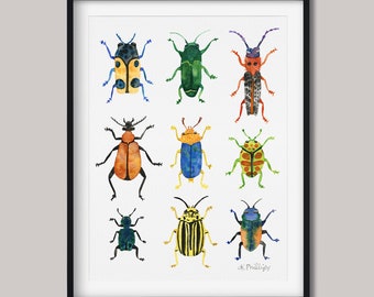 Impression d'art aquarelle coléoptères : giclée d'insectes colorés, illustration de la nature