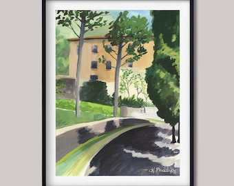Impression d'art Sous le soleil de Toscane. Cortone, Italie Oeuvre d'art. Impression aquarelle. Décoration de voyage européenne.