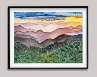 Blue Ridge Parkway, Virginie.  Oeuvre d'art de montagne. Impression aquarelle. Art paysager.