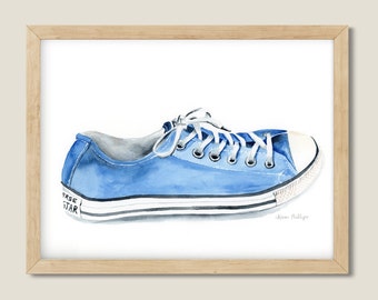 Original Watercolor Blue Converse Sneaker. Fashion Art. Shoe Painting.
