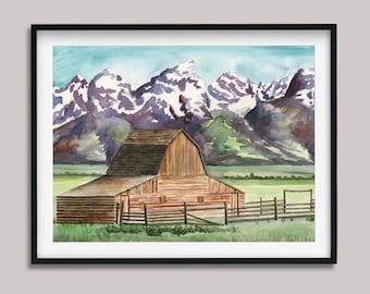 Grand Tetons Watercolor Art Print: Wyoming Landscape Painting