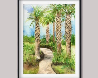 Impression aquarelle palmier Jekyll Island : Art de Georgia Beach