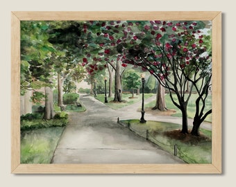 Original Watercolor Painting North Campus, University of Georgia. Athens, Georgia Art. College Campus Landscape.