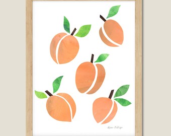 Original Painted Paper Collage of Peaches. Kitchen Decor. Southern Farmhouse Decor.