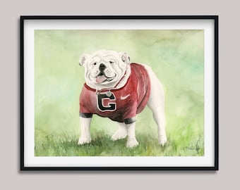 Impression d'art aquarelle bouledogue UGA, Athènes, Géorgie