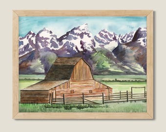 Aquarelle originale du parc national des Grands Tetons. Peinture de paysage. Montagnes. Décor de cabine.