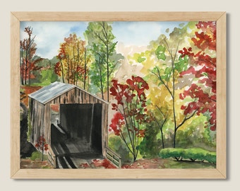 Original Watercolor Elder Mill Covered Bridge, Watkinsville, Georgia. Historic Landmark. University of Georgia. Athens, GA