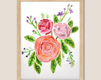 Original Watercolor Rose and Carnations. Pink, Purple, Red Flower Painting. Spring Gardening Artwork. Nature Art.