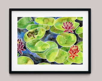 Waterlilies and Frog Art Print.  Monet Inspired Artwork. Watercolor Print. Landscape Art. Kids Room and Nursery Decor.