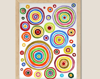 Original Watercolor Concentric Circles. Colorful Abstract Painting. Circle Artwork. Color Study.